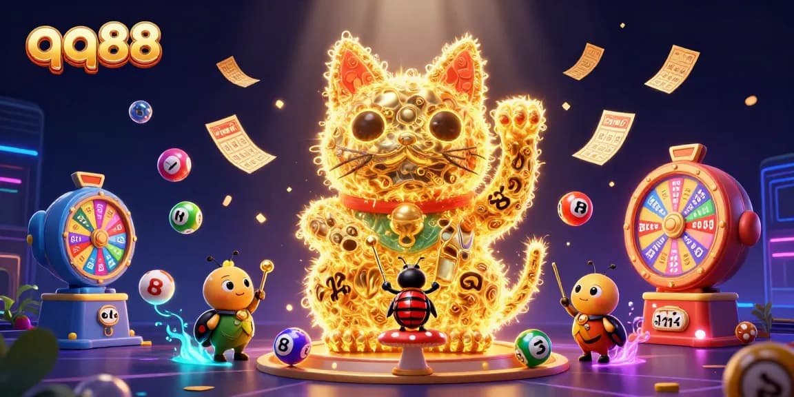 Experience winning with qq88 in a vibrant 3D gaming illustration featuring a lucky cat and dynamic casino elements.