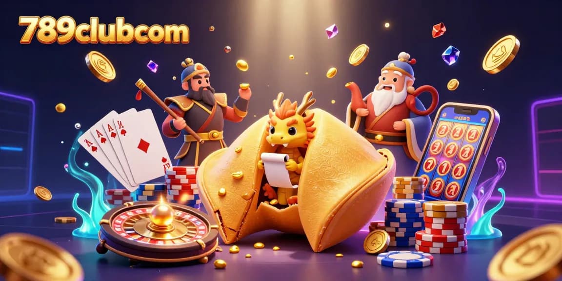 Experience the excitement of 789clubcom with a vibrant 3D casino illustration featuring rich symbols and games.