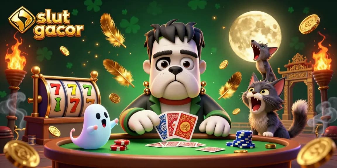 Engage with situs slot gacor as a Frankenstein bulldog deals cards amid floating mice and golden jackpots.