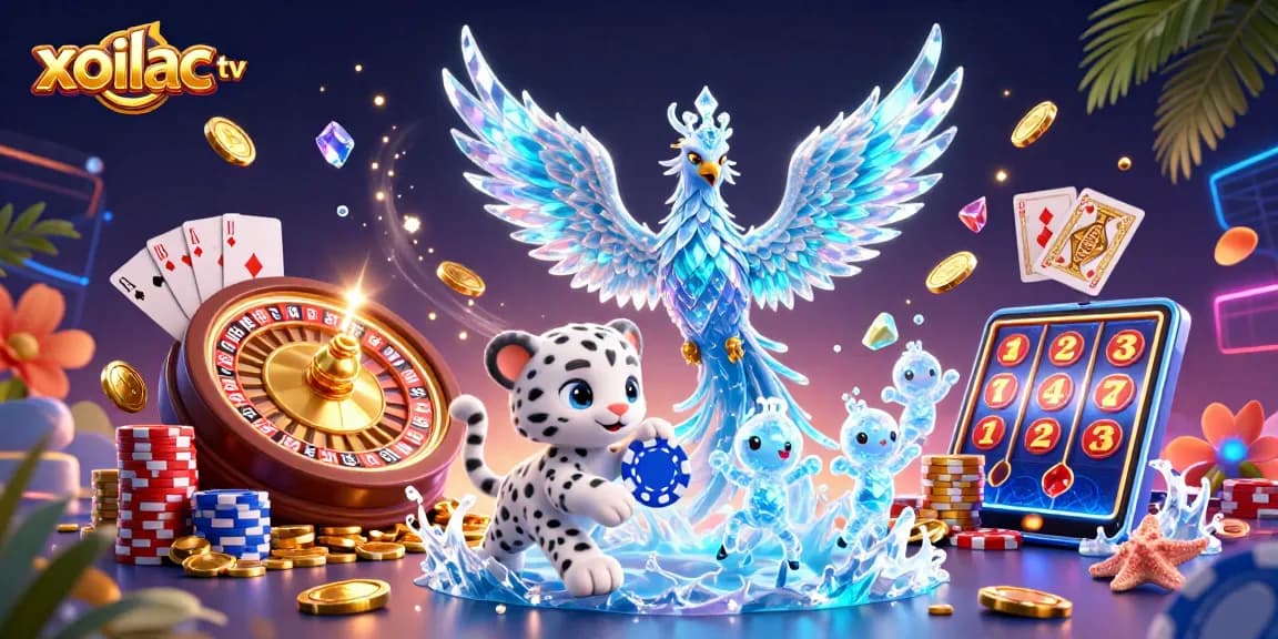 Xoilac TV features an ice phoenix, snow leopard cub, and casino elements in a vibrant gaming illustration.
