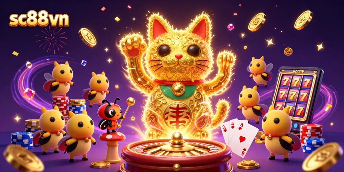 Experience sc88 vn's vibrant gaming scene with a dynamic lucky cat and casino symbols.