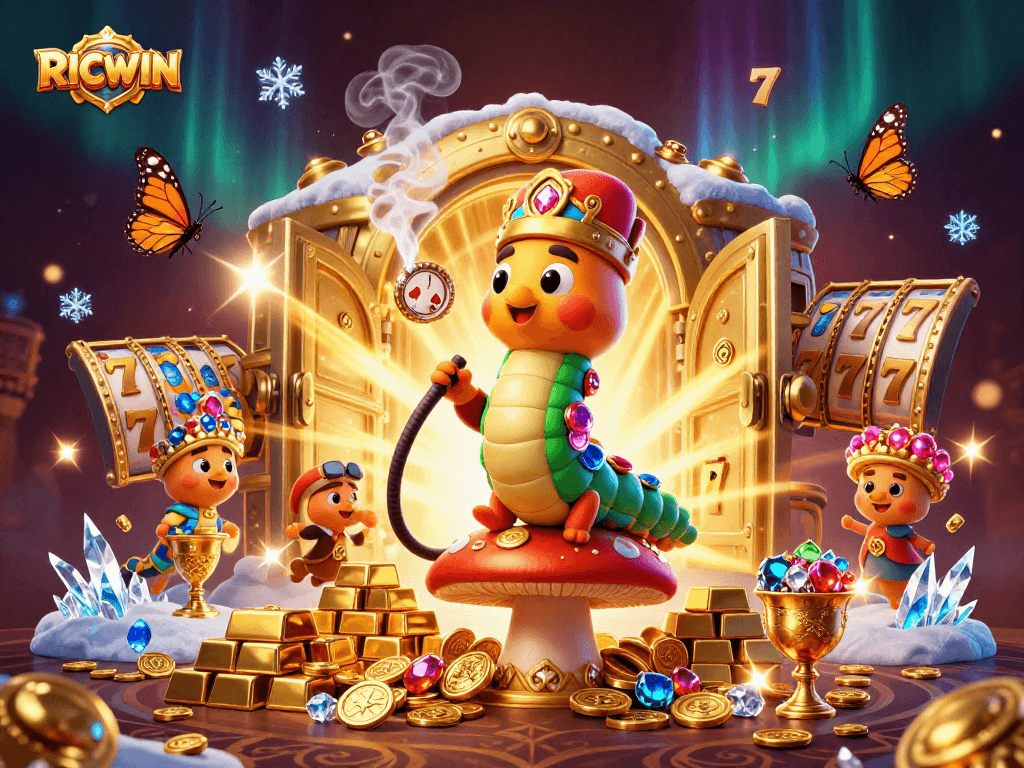 Experience winning gameplay action with RICWIN as a caterpillar master in a dynamic casino scene.