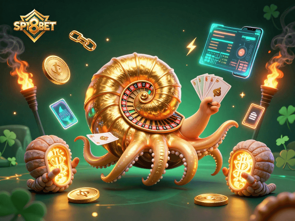 Experience gaming excitement at SP8BET with a vibrant 3D illustration of a nautilus roulette wheel