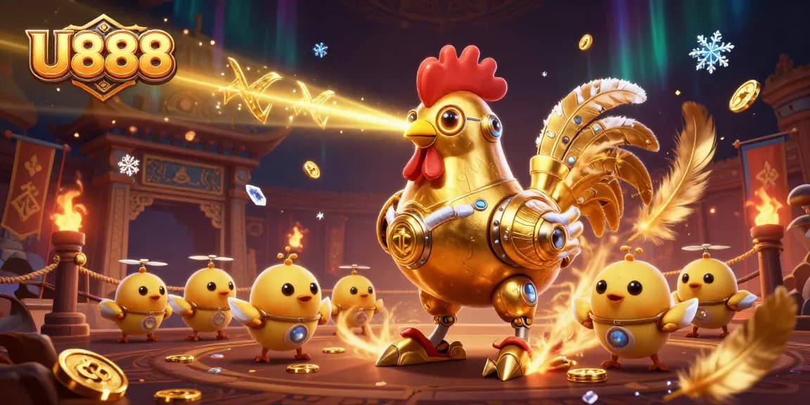 Engage in thrilling games with U888 in this vibrant 3D casino illustration showcasing a golden rooster robot.