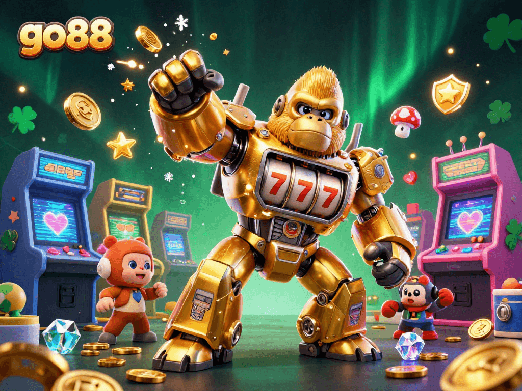 Experience thrilling action with go88's vibrant 3D illustration of a golden mech and arcade elements.