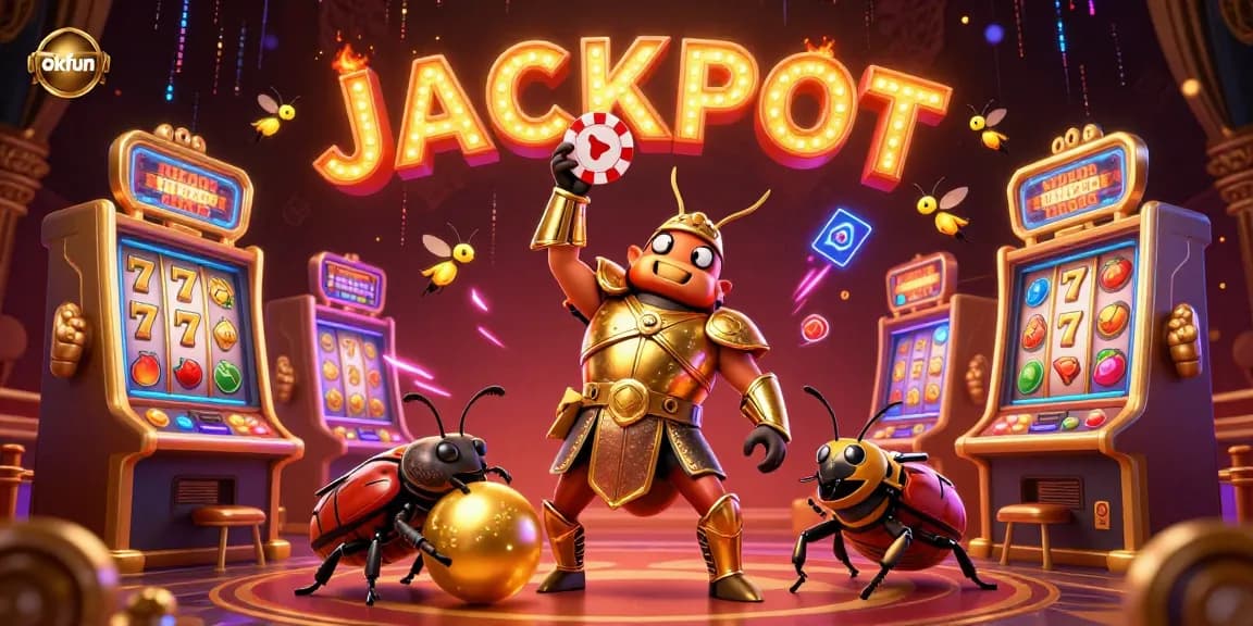 Experience the fun at okfun with a victorious beetle lifting a poker chip among vibrant casino elements.