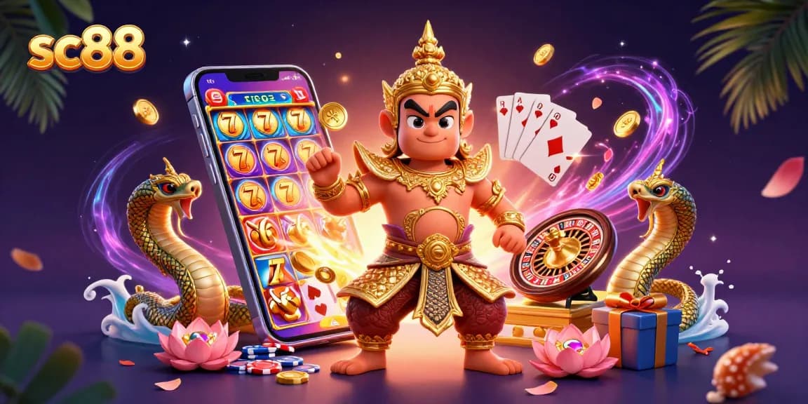 Spin and win with sc88 in vibrant 3D casino scene featuring lucky symbols and exciting gaming action.