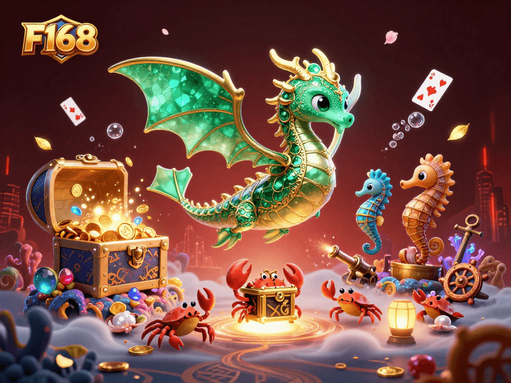 Experience thrilling wins at F168, featuring a vibrant underwater casino with dynamic treasures and characters.