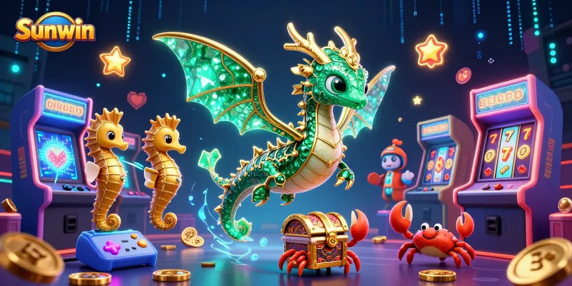 Sunwin showcases a vibrant 3D casino scene featuring a leafy sea dragon alongside game machines and jackpot elements.