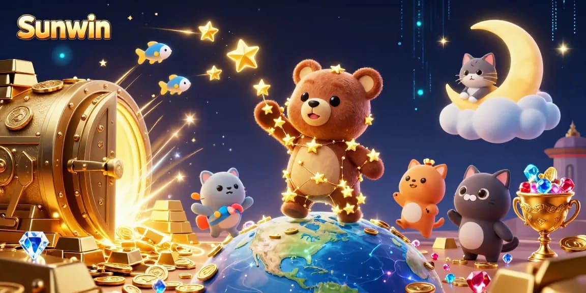 Experience Sunwin's thrilling gameplay with vibrant characters and treasure in this 3D casino illustration.
