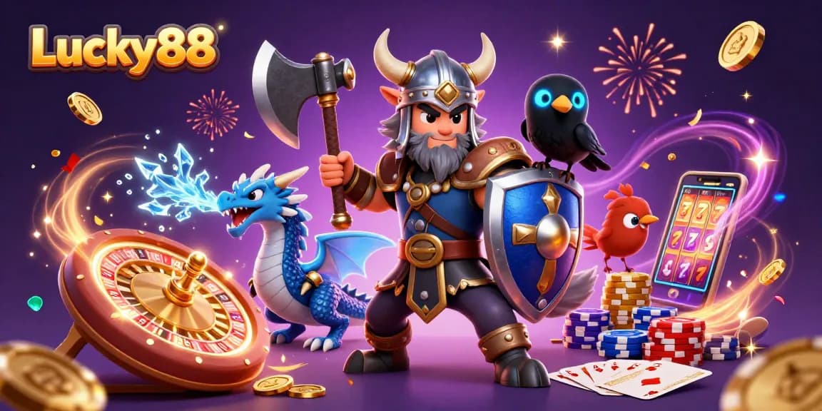 Engage in Lucky88 with a Viking wolf warrior, dragon, and raven amidst dazzling casino elements.