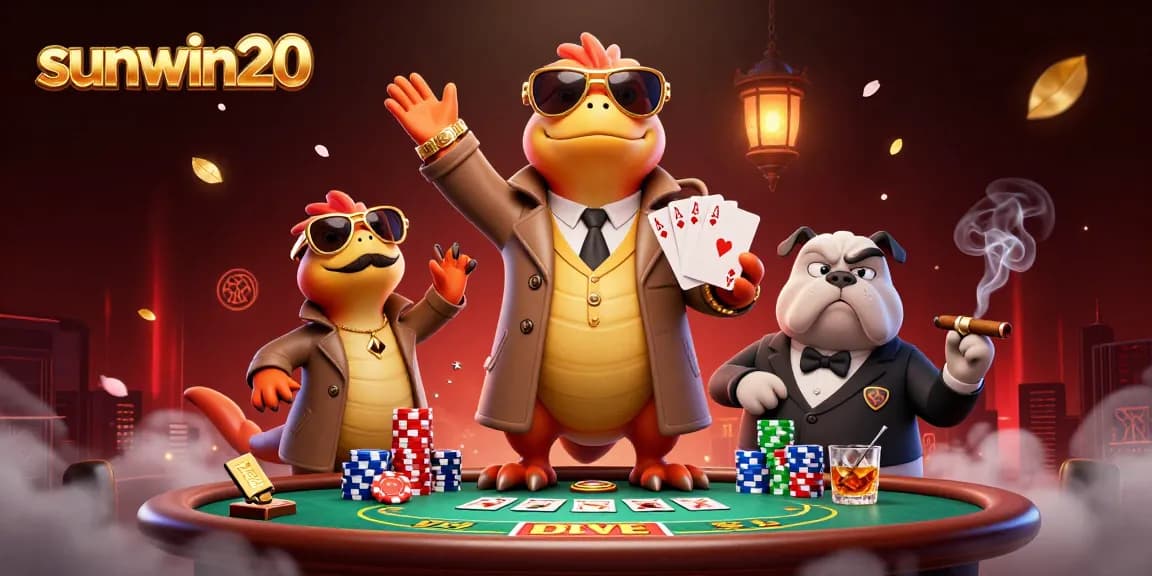 Experience the excitement of sunwin20 with fun gaming visuals of raptors in a trench coat entering a VIP casino.