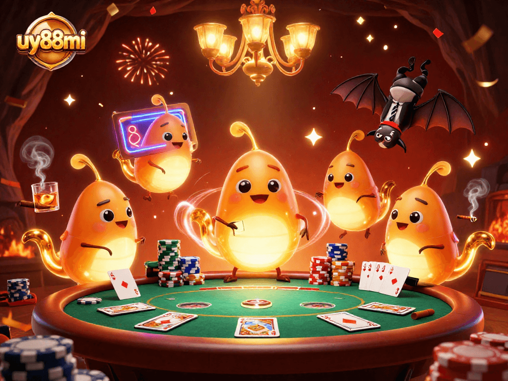 Experience thrilling gameplay at uy88mi casino featuring vibrant glowworm characters and poker elements.