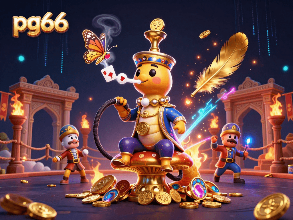 Experience excitement at pg66 with a vibrant casino scene featuring a caterpillar sultan and poker symbols.