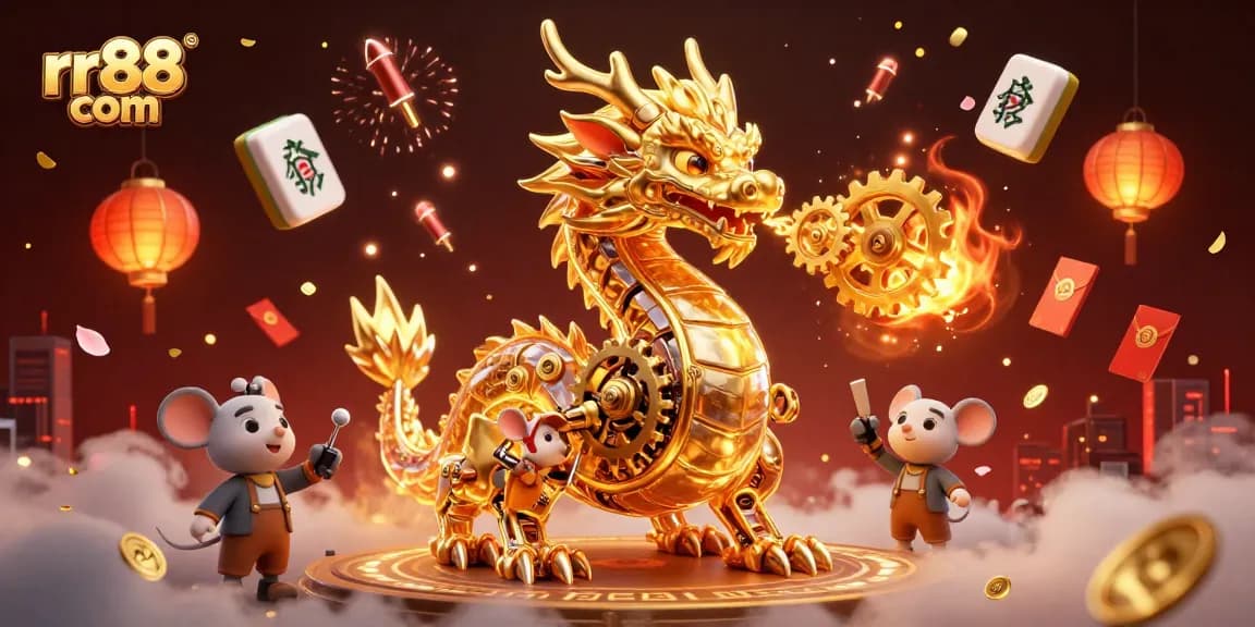 Win big at rr88 com with a captivating 3D casino dragon and festive gaming elements.