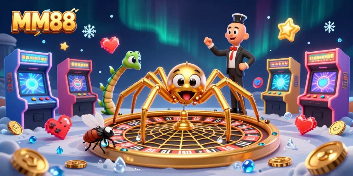 Experience thrilling bets with MM88's unique casino web spun by a golden spider and vibrant gaming elements.