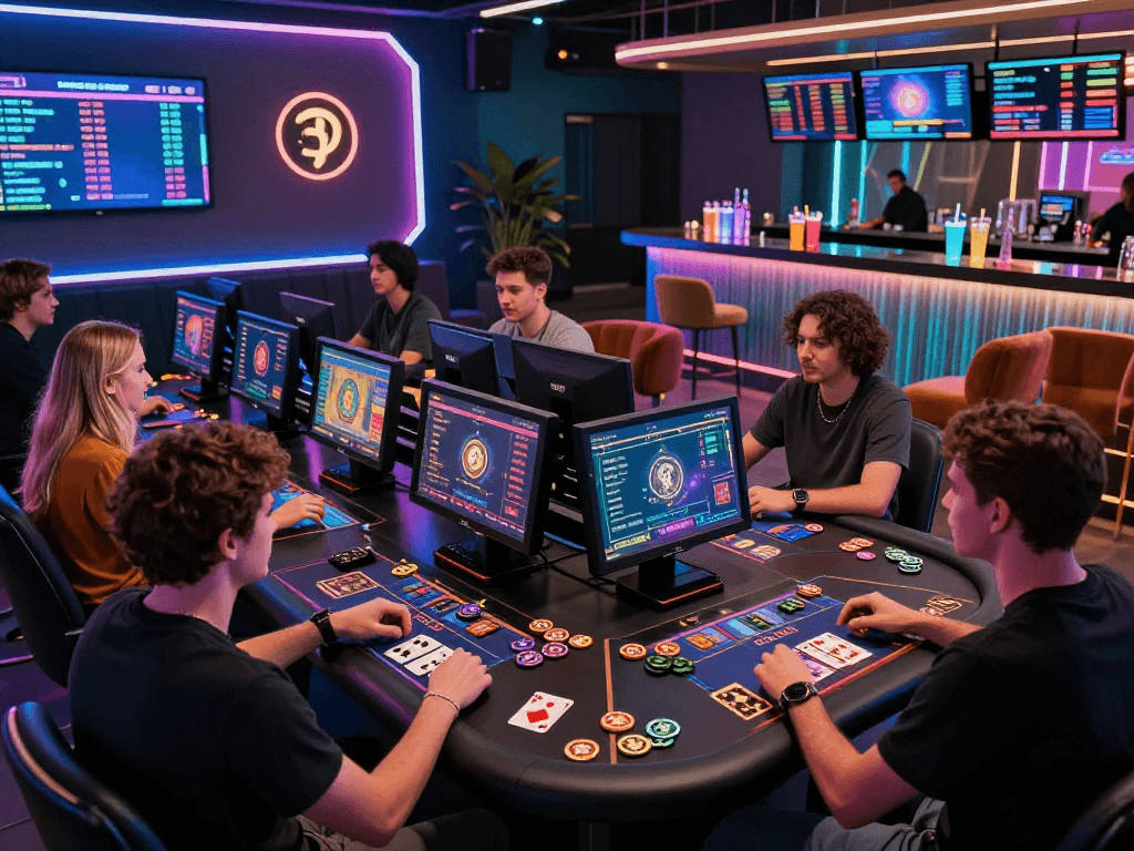 Exciting crypto casino scene with players engaging in digital games and crypto-wallet displays in a vibrant lounge.