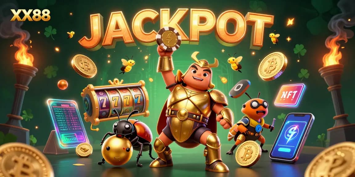 Experience the winning thrill of XX88 in this vibrant 3D illustration, featuring a victorious beetle character and dynamic casino elements.