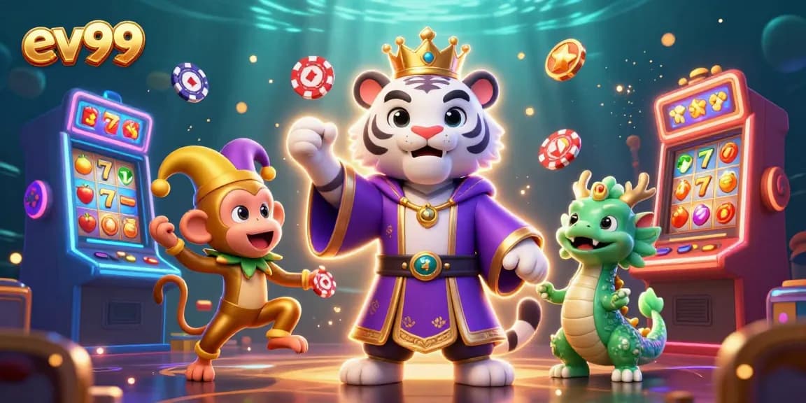 Experience thrilling gameplay at ev99 with a vibrant cartoon scene filled with slot machines and playful characters.
