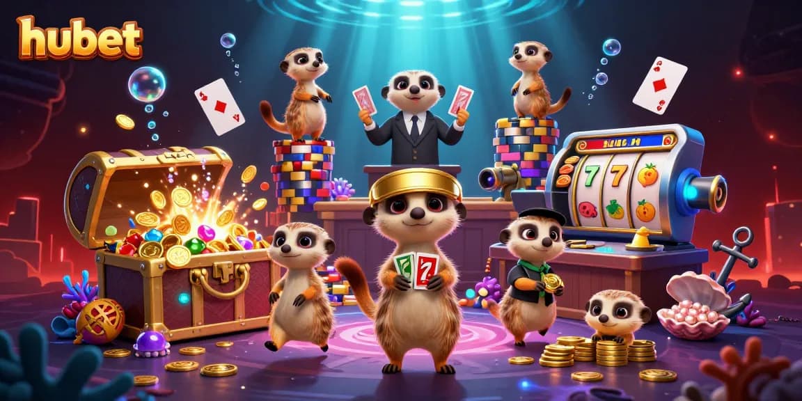 Engage in thrilling gaming action at hubet with animated meerkats managing a vibrant casino scene.
