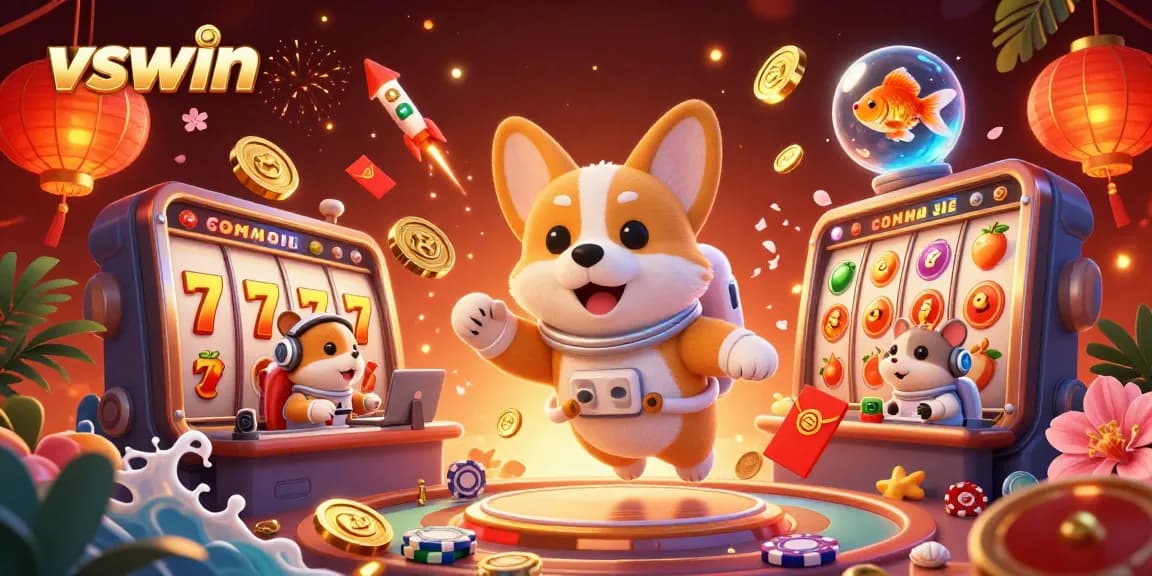 Explore the thrilling world of vswin with an astronaut corgi amidst casino fun and excitement.