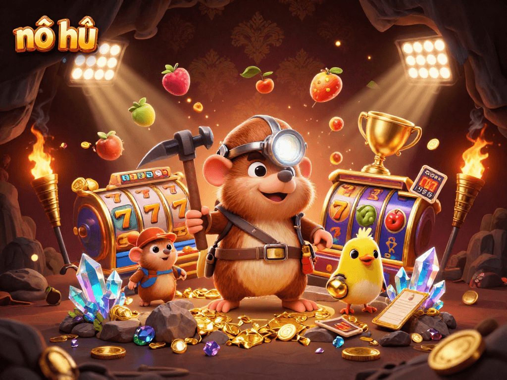 Spin slots with nổ hũ treasures in a vibrant casino scene featuring mining characters.