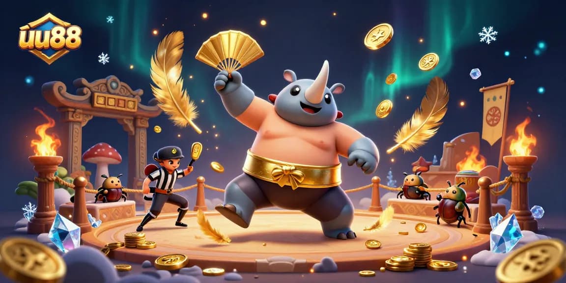 uu88 showcases an electrifying sumo championship with vibrant coins flying in an online casino scene.