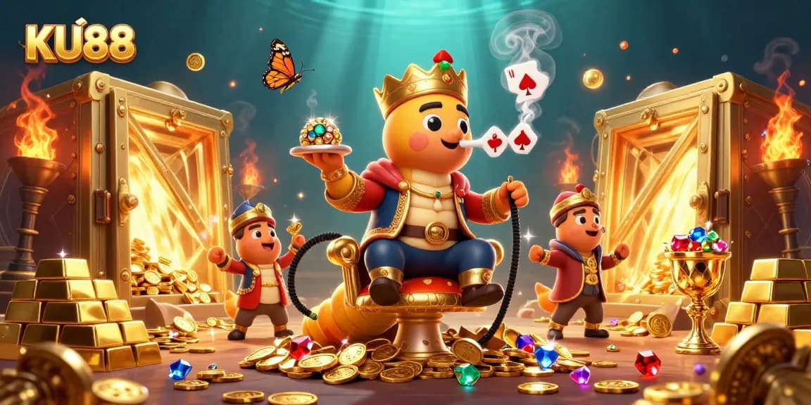 Experience the excitement of KU88 with vibrant casino-themed visuals, showcasing poker symbols and wealth.