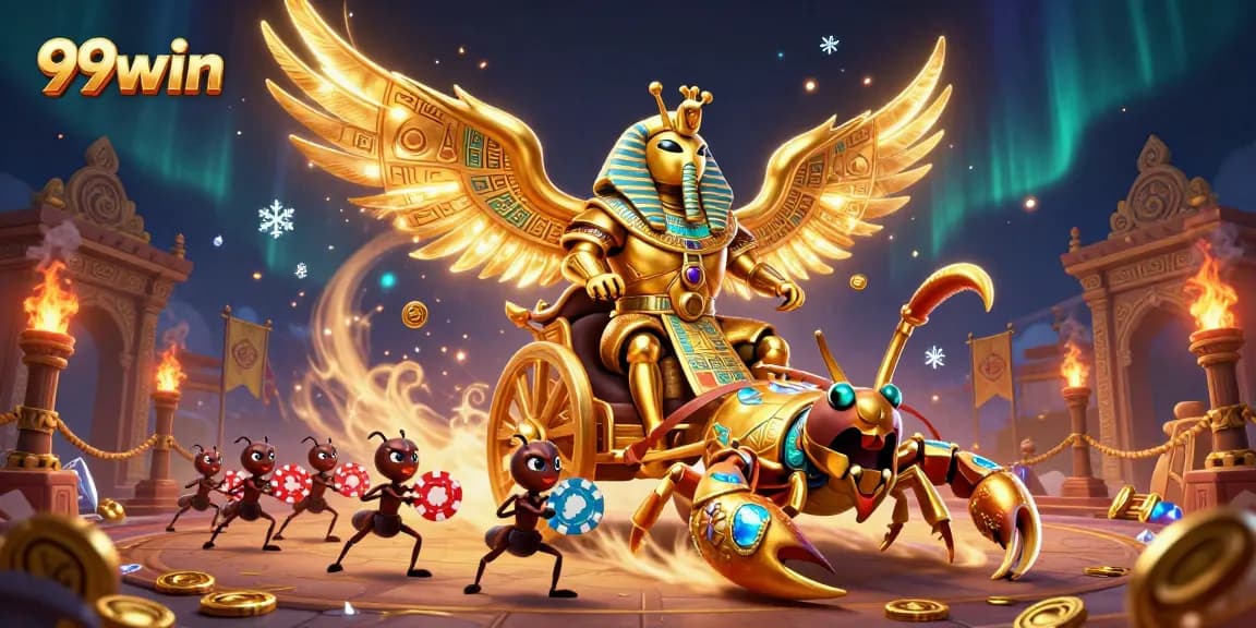 Engage with thrilling 99win challenges featuring a grand scarab beetle and dazzling casino elements.