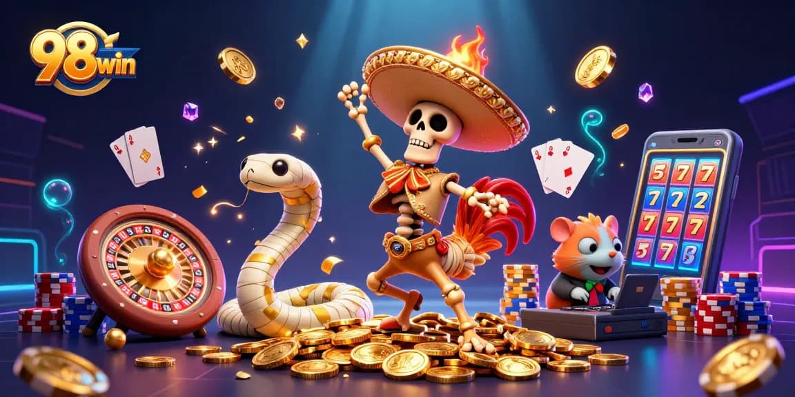 Experience the vibrant world of 98win as characters celebrate wins with dazzling coins and gems.