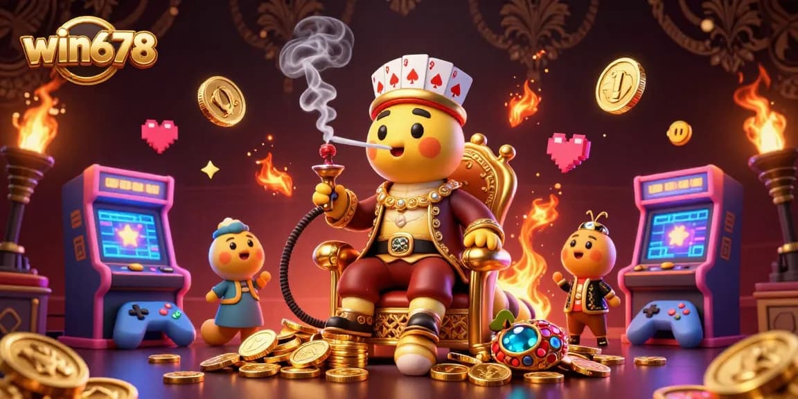 Win678 showcases a vibrant 3D casino scene featuring a whimsical caterpillar in a Turkish outfit.