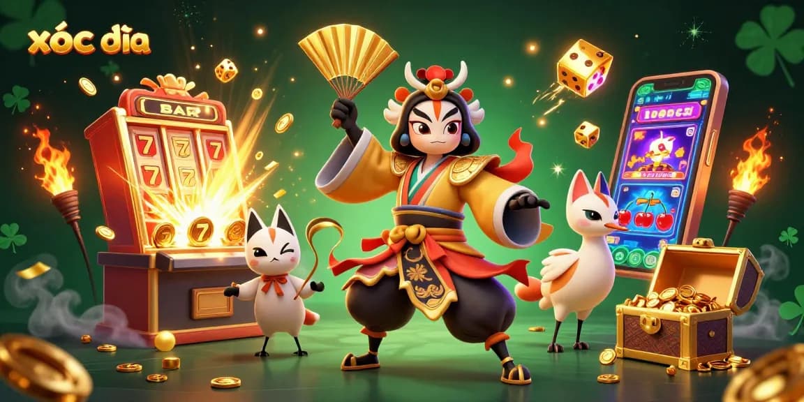 Play xóc đĩa with 3D characters and vibrant casino elements in a dynamic visual collage.