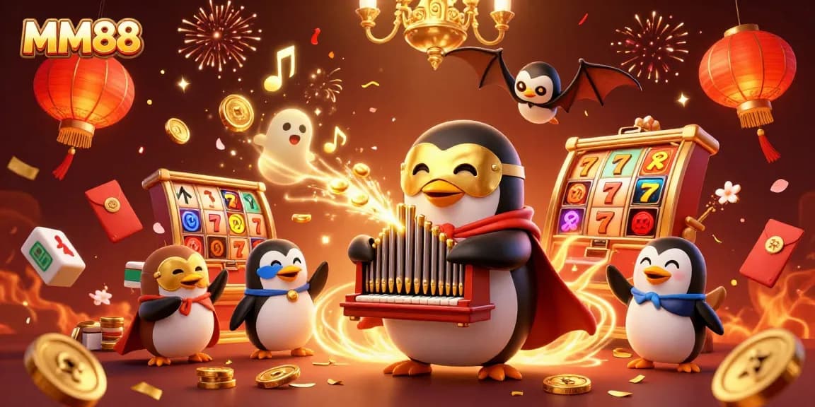 Play thrilling slots at MM88 while enjoying a vibrant casino-themed illustration.