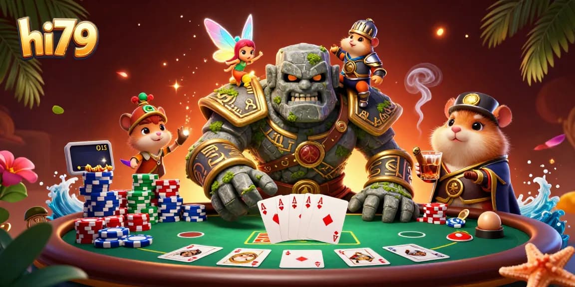 Experience thrilling poker action at hi79 with a vibrant illustration of a golem, fairy, and hamster knight.