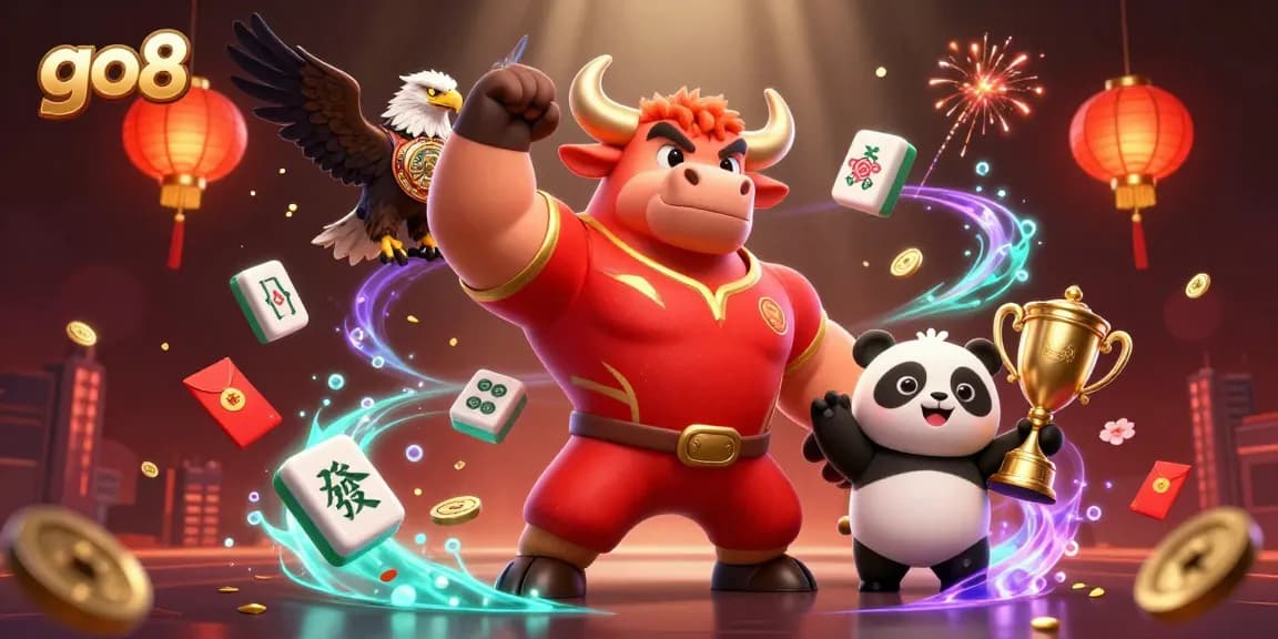 Experience the excitement at go8 casino with rich visuals of a bull mascot, eagle, and panda celebrating wins.