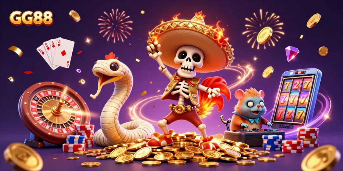 Celebrate winnings at GG88 with vibrant casino characters and golden coins filling the scene.