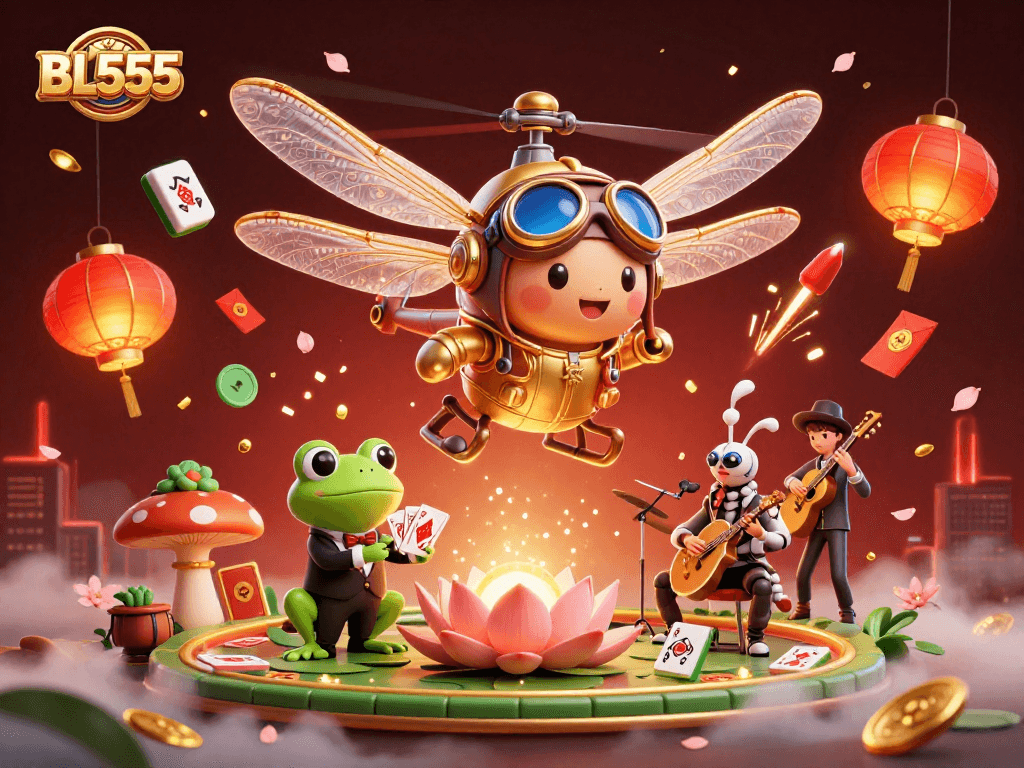 Experience thrilling gameplay at BL555 with vibrant casino action featuring a dragonfly pilot, frog dealer, and jazz musicians.