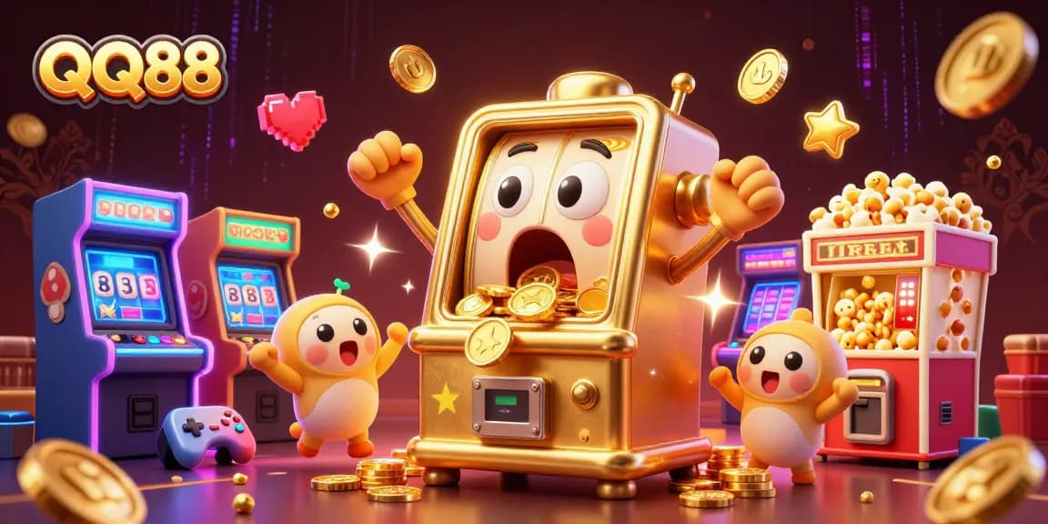 QQ88 slot machine hitting jackpot with coins pouring, surrounded by colorful arcade elements.