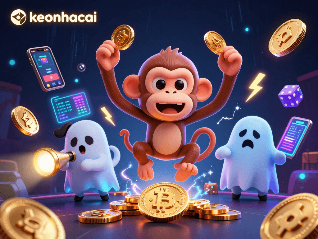 Engage with the keonhacai spirit world as a mischievous monkey juggles crypto treasures in a haunted casino.