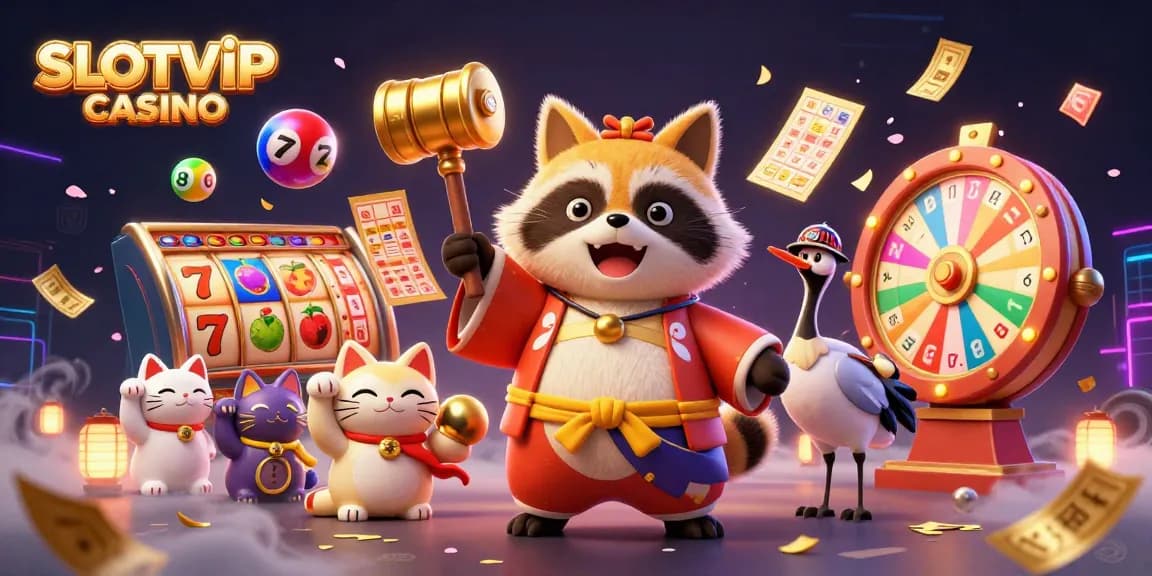 Experience the excitement of SLOTVIP CASINO with a cheerful tanuki and vibrant slot gaming elements.