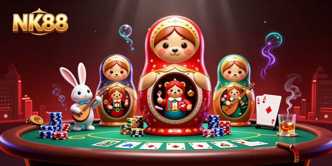 Engage with NK88's vibrant casino scene filled with colorful characters and poker action.