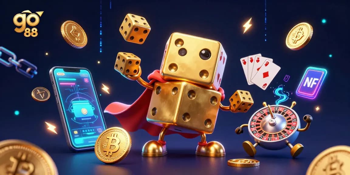Engage with go 88's 3D digital illustration featuring a golden dice golem and vibrant crypto elements.