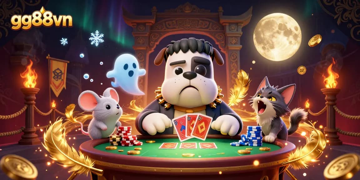 Experience thrilling gameplay at gg88vn, where a Frankenstein bulldog monster deals cards amidst a spooky, vibrant casino.