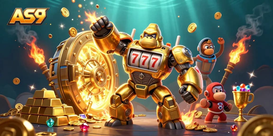 Engage with AS9's immersive gaming experience featuring a golden gorilla mech amidst dazzling treasures.