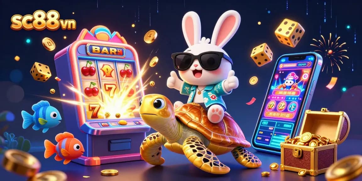 Experience the thrilling world of sc88 vn with a vibrant 3D gaming illustration featuring a lucky rabbit and a golden sea turtle in a bustling casino.