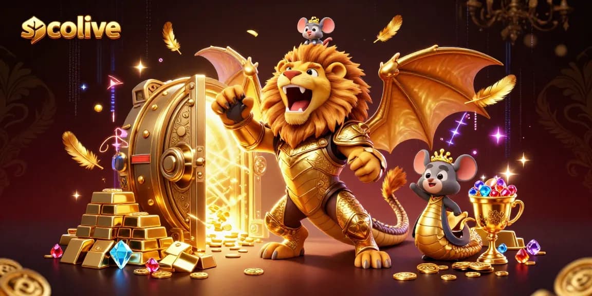 Socolive offers an exciting gaming experience, showcasing a triumphant chimera and treasure vault scene filled with dazzling gems.