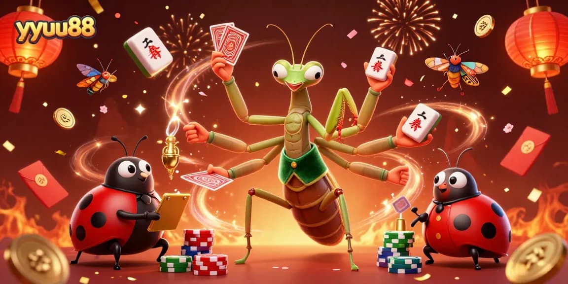 yyuu88 showcases dynamic casino action with a giant mantis dealer and vibrant gaming elements.