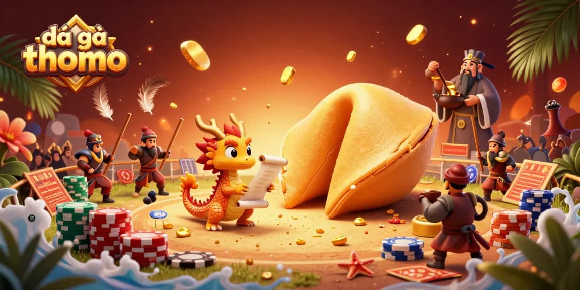 Watch the dynamic đá gà thomo scene featuring a golden fortune cookie with a dragon and cockfighting elements.