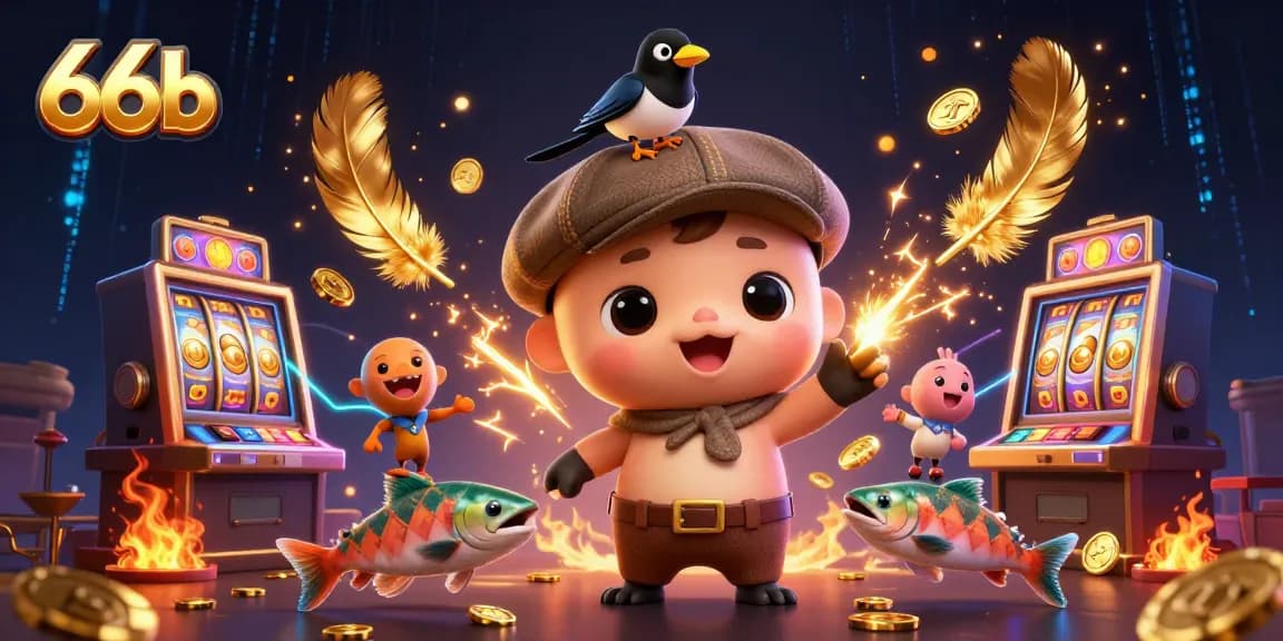 Experience exciting wins at 66b with playful characters interacting in a vibrant casino scene.