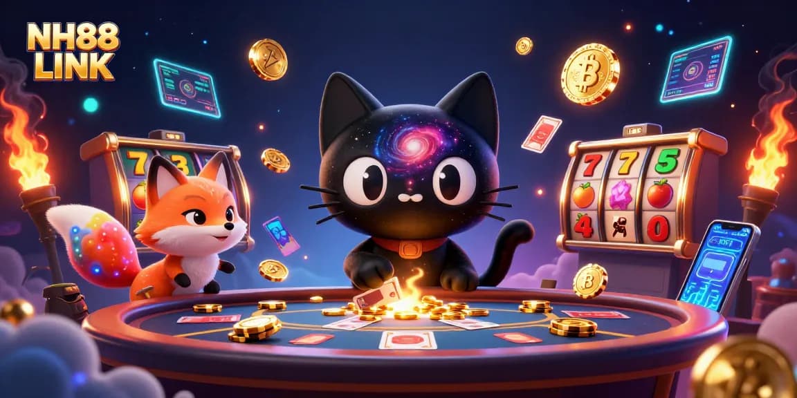 Engage in exciting gameplay at NH88 LINK, featuring a cosmic cat and vibrant fox amidst slot reels and crypto elements.
